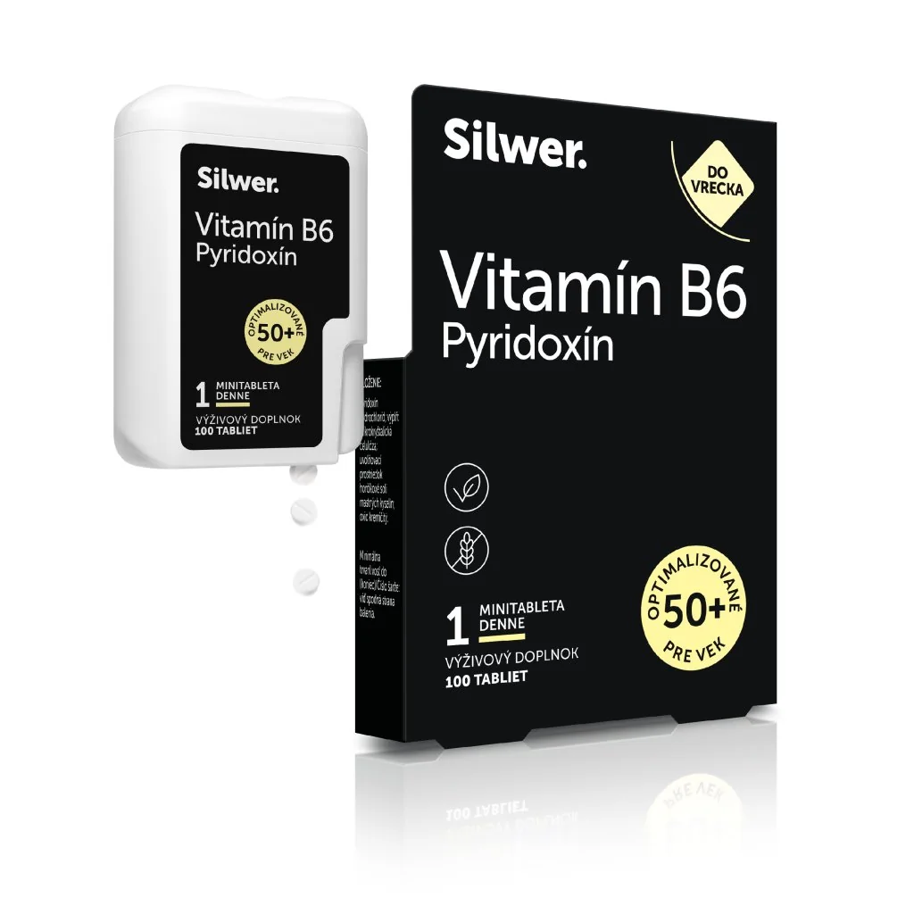 Silwer Vitamín B6 Pyridoxín, minitablety v dvojbalení 100 + 100 minitabliet. Nervy, imunita, metabolizmus.
