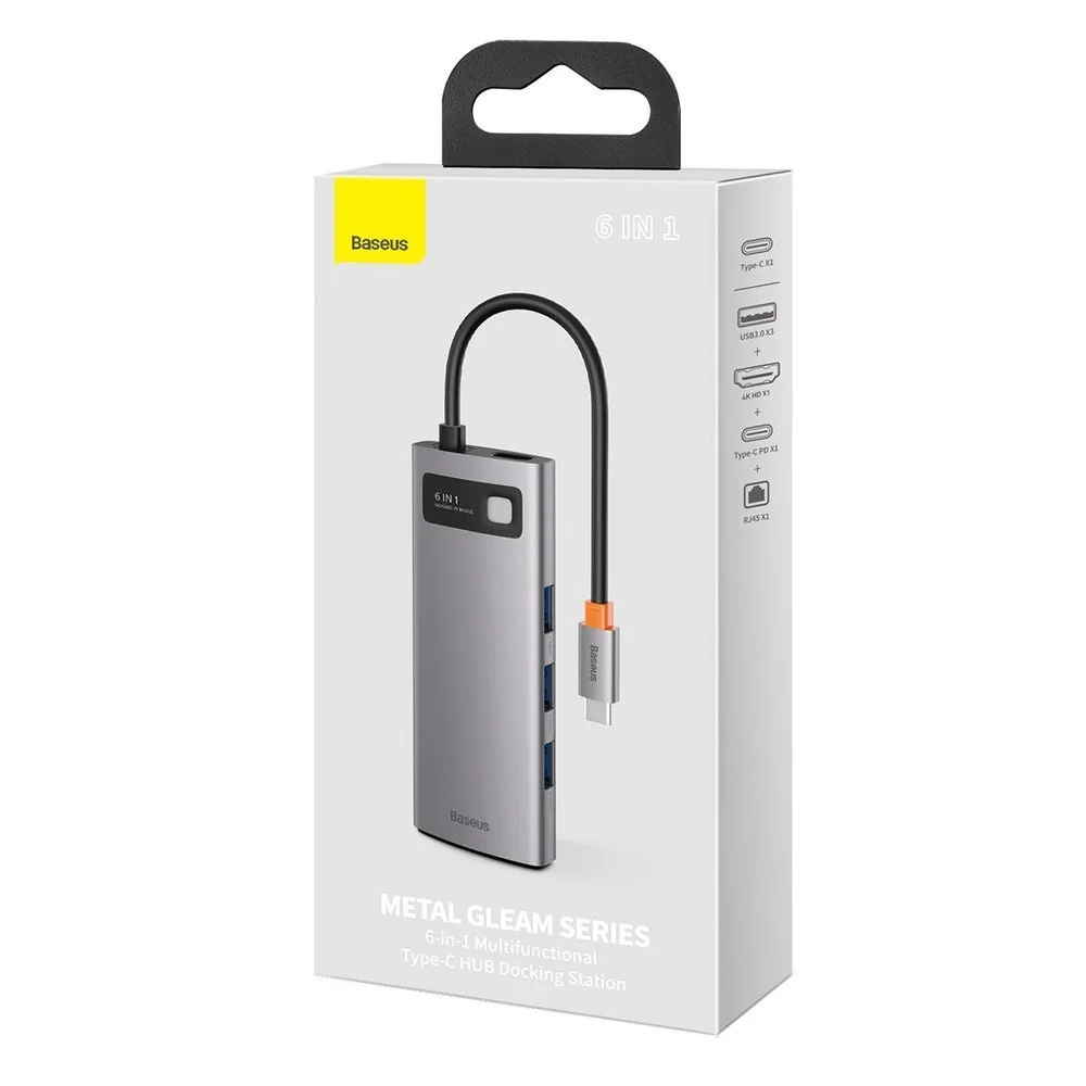 Baseus Metal Gleam HUB adaptér USB-C - USB-C, 3x USB, HDMI, RJ45, šedý