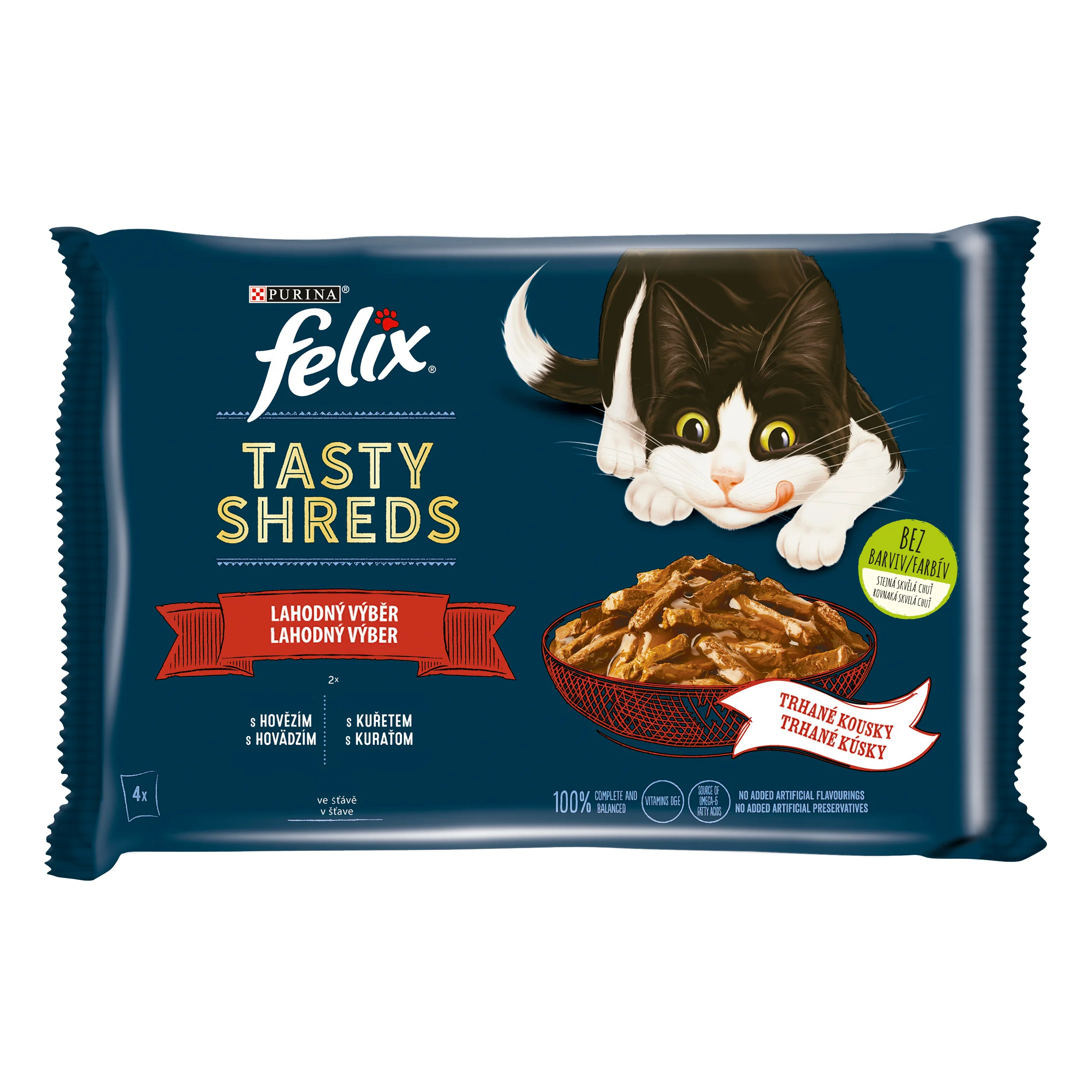Felix Tasty Shreds kapsičky pre mačky hovädzie, kura v šťave 4x80 g 4×80 g, kompletné krmivo pre dospelé mačky
