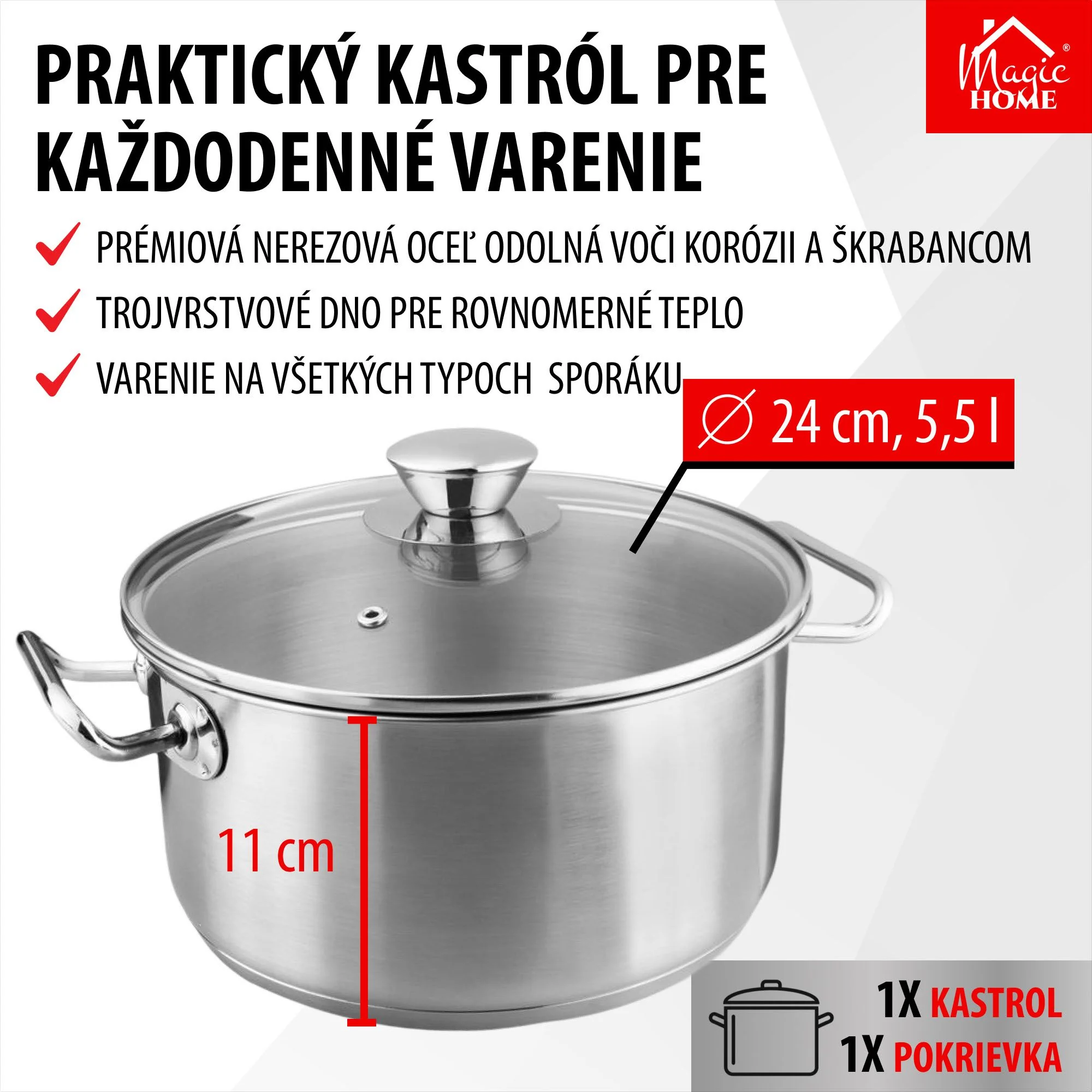 MagicHome kastról Chloe, 1 ks Hrniec, 24 cm, 5,5 l, so sklenenou pokrievkou, nerez