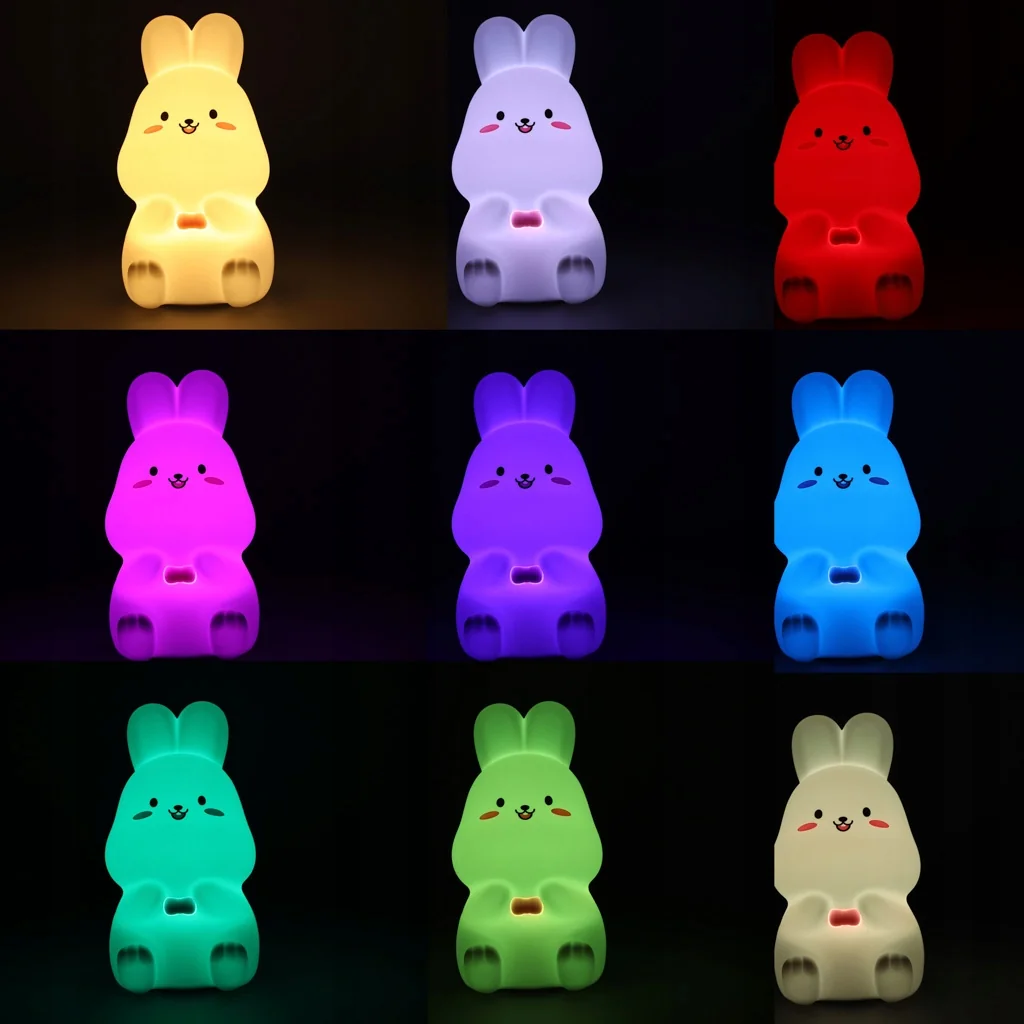 LED Nočná Lampa pre Deti - Biela Silikónová LED Nočná Lampa pre Deti s Ružovým Zajačikom