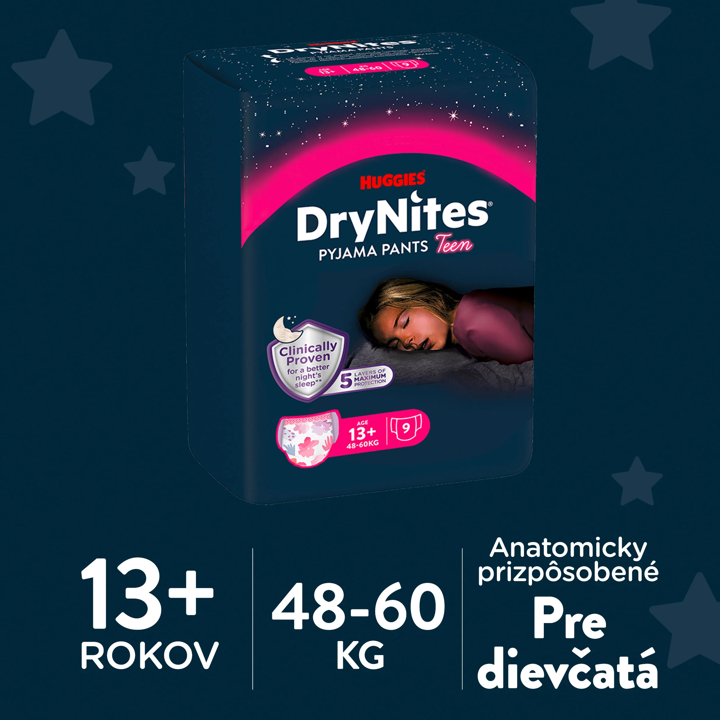 HUGGIES DryNites naťahovacie nohavičky pre dievčatá 13+ rokov 9 ks