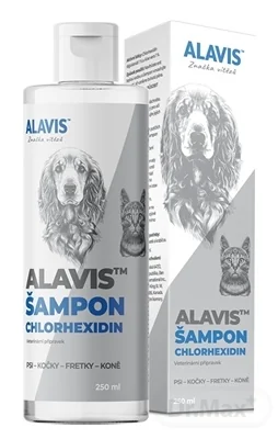 ALAVIS ŠAMPON Chlórhexidín 1×250 ml, šampón na vonkajšiu starostlivosť o srsť a kožu psov, mačiek, fretiek a koní