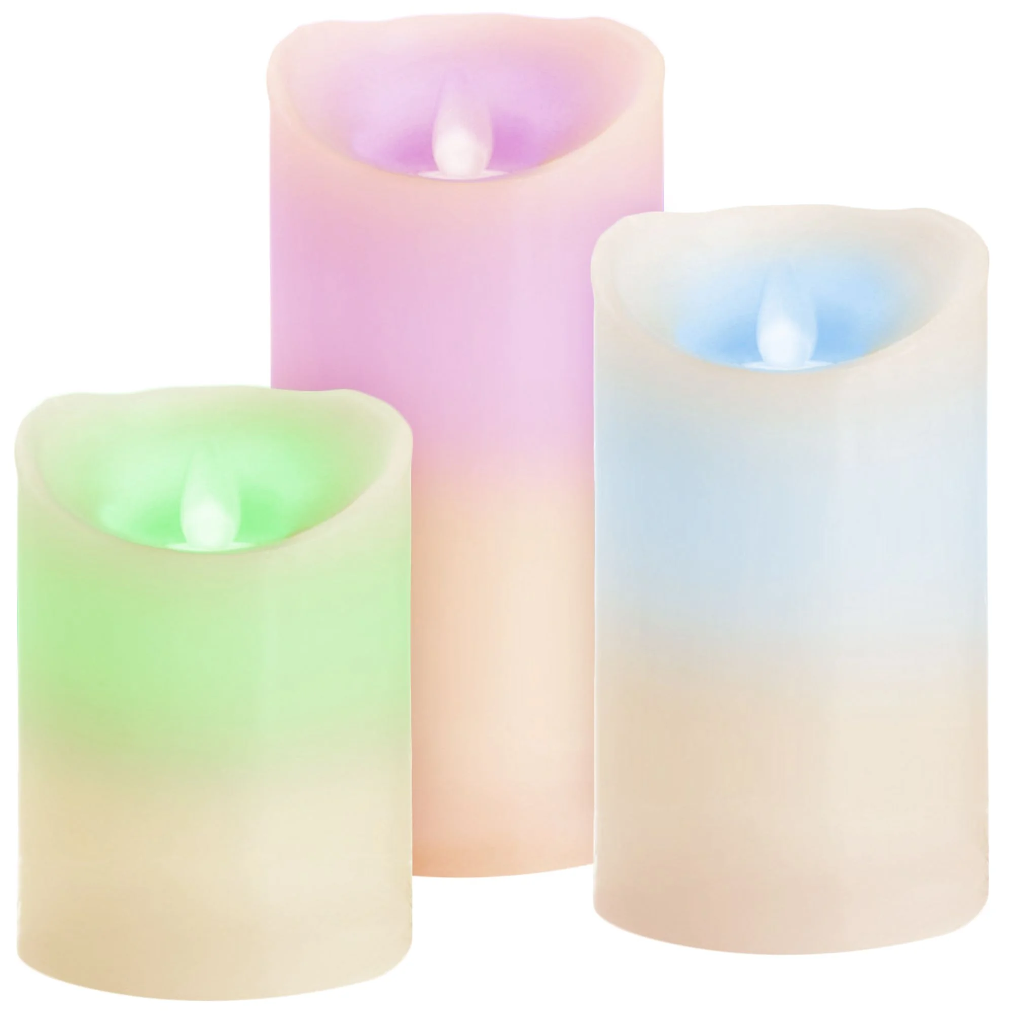 MagicHome voskové LED sviečky RGB, 3 ks 3xAAA, stále svetlo, časovač, pohyblivý plameň, Ø75 mm, výšky 100/125/150 mm