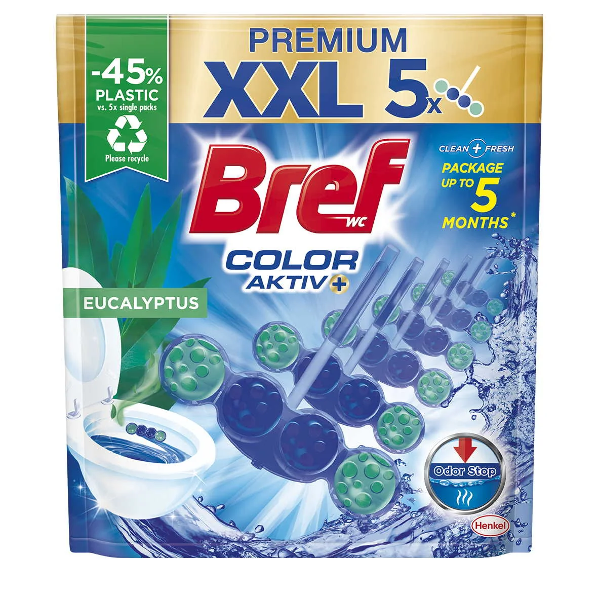 Bref Color Aktiv tuhý WC blok Eucalyptus 5×50 g, WC blok