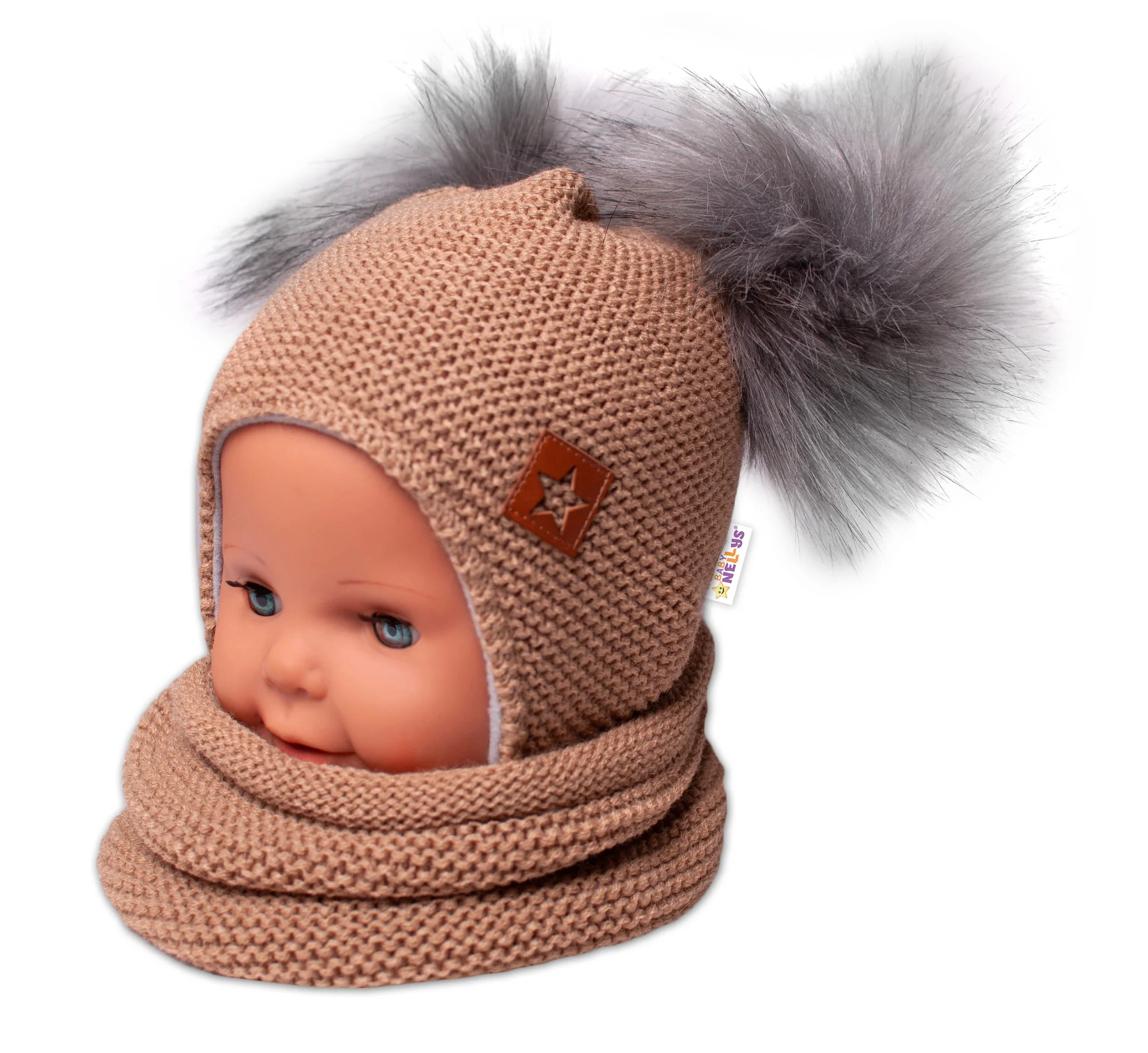BABY NELLYS Zimná čiapka s fleecom a chlupáčka. bambuľky Star + komínok - medová, 104/116