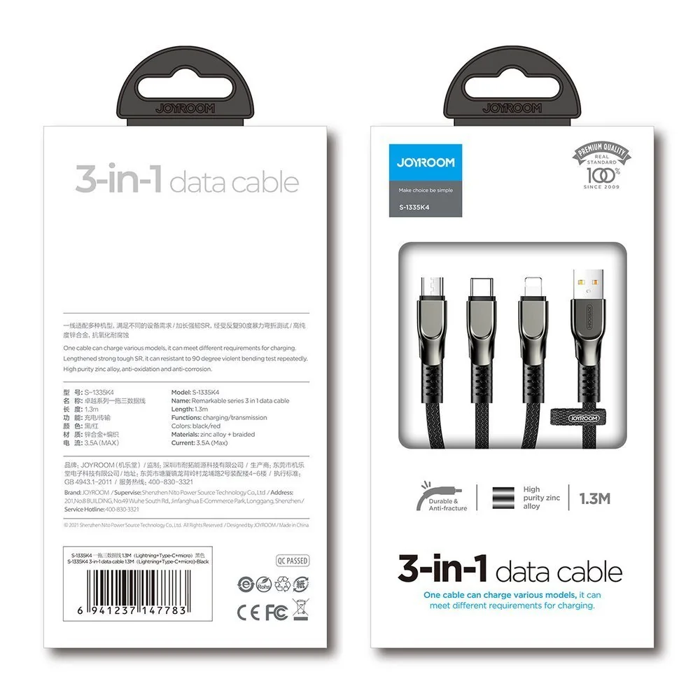 Joyroom 3in1 kábel USB - Lightning / Lightning / USB-C 3.5A 1.3m, čierny ny