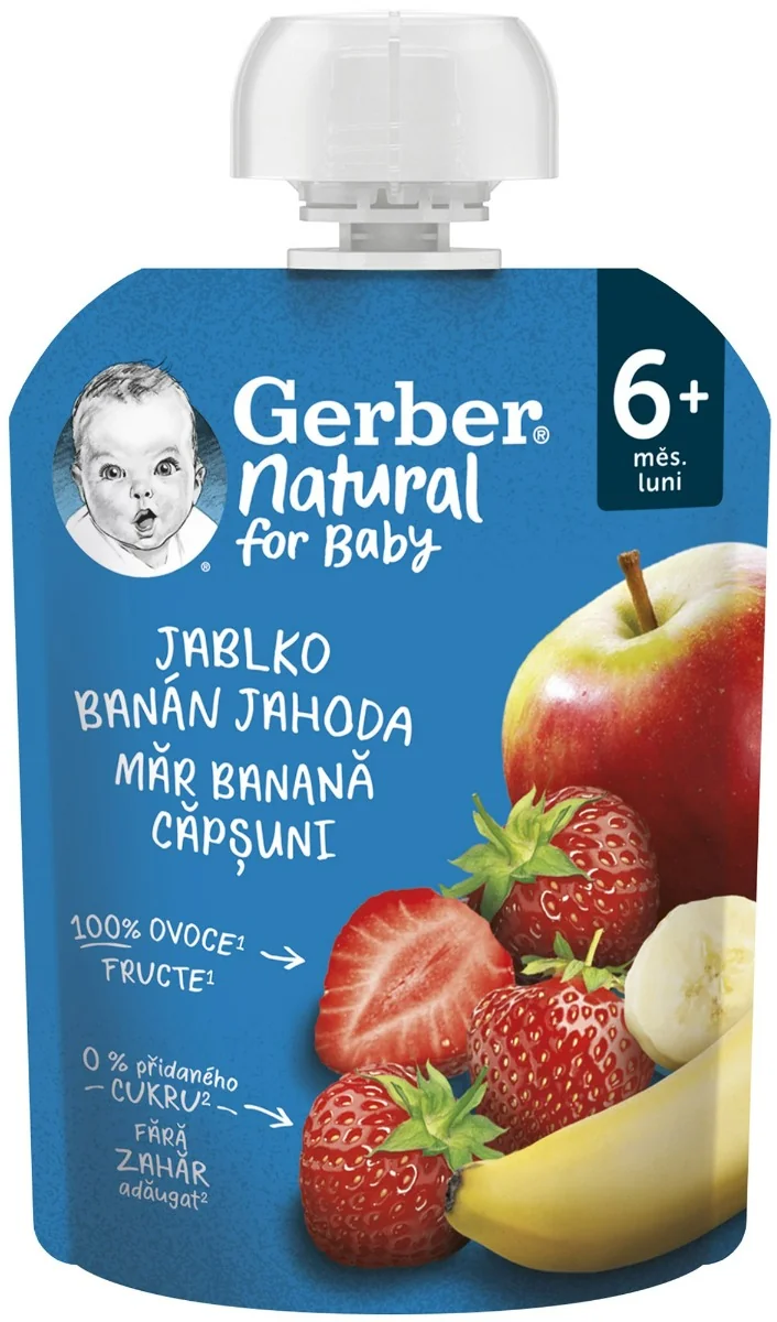 Gerber Natural Kapsička Jablko, banán a jahoda; ovocná desiata (od ukonč. 6. mesiaca) 1×90 g, ovocná kapsička pre deti