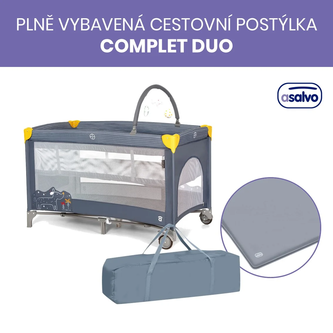 Asalvo Complet Duo cestovná postieľka (závesné lôžko, hrací oblúk) Puppy