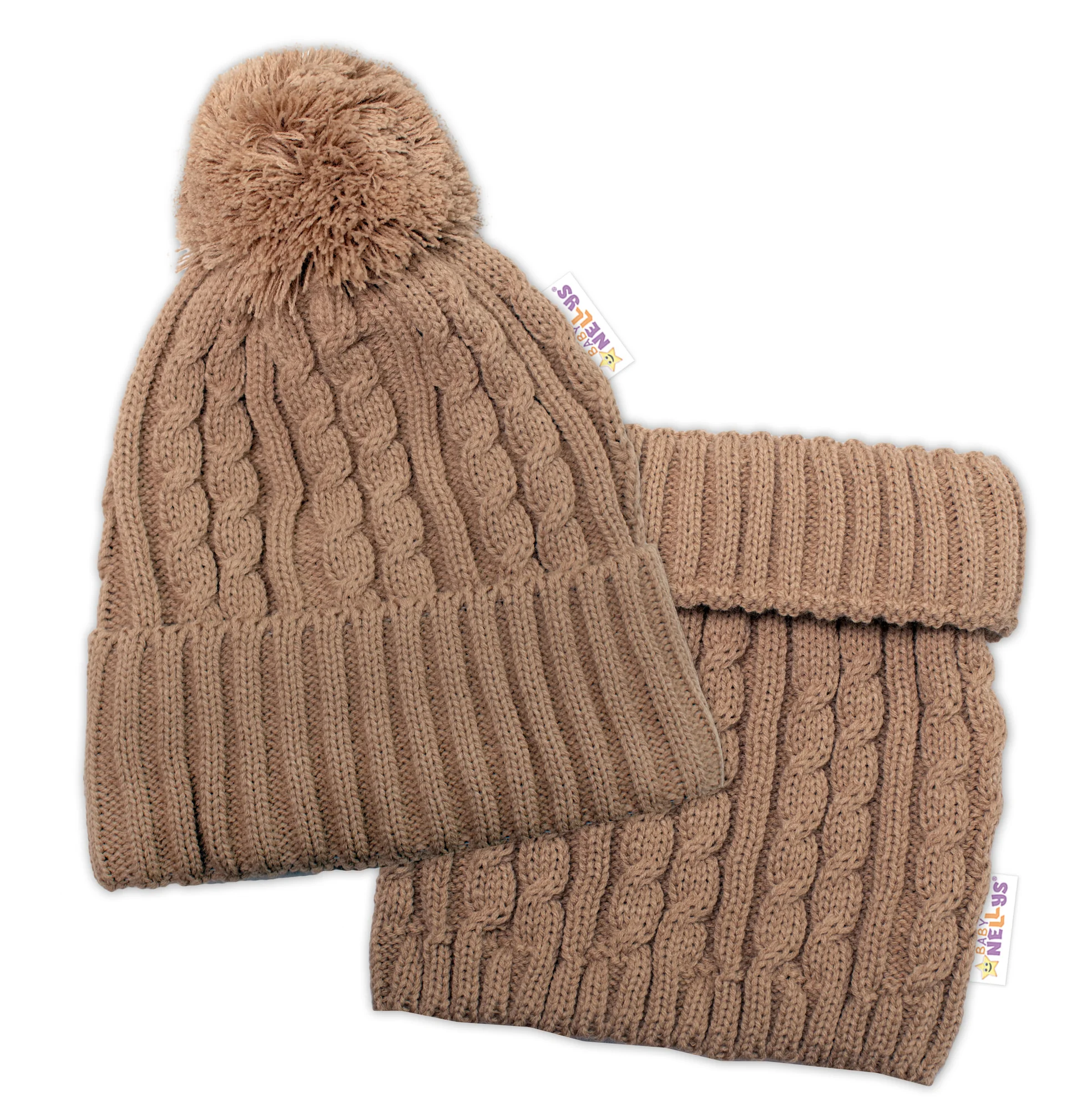 Pletená zimná čiapka s brmbolcom + komínček BABY NELLYS - bežová,veľ. 48-52cm