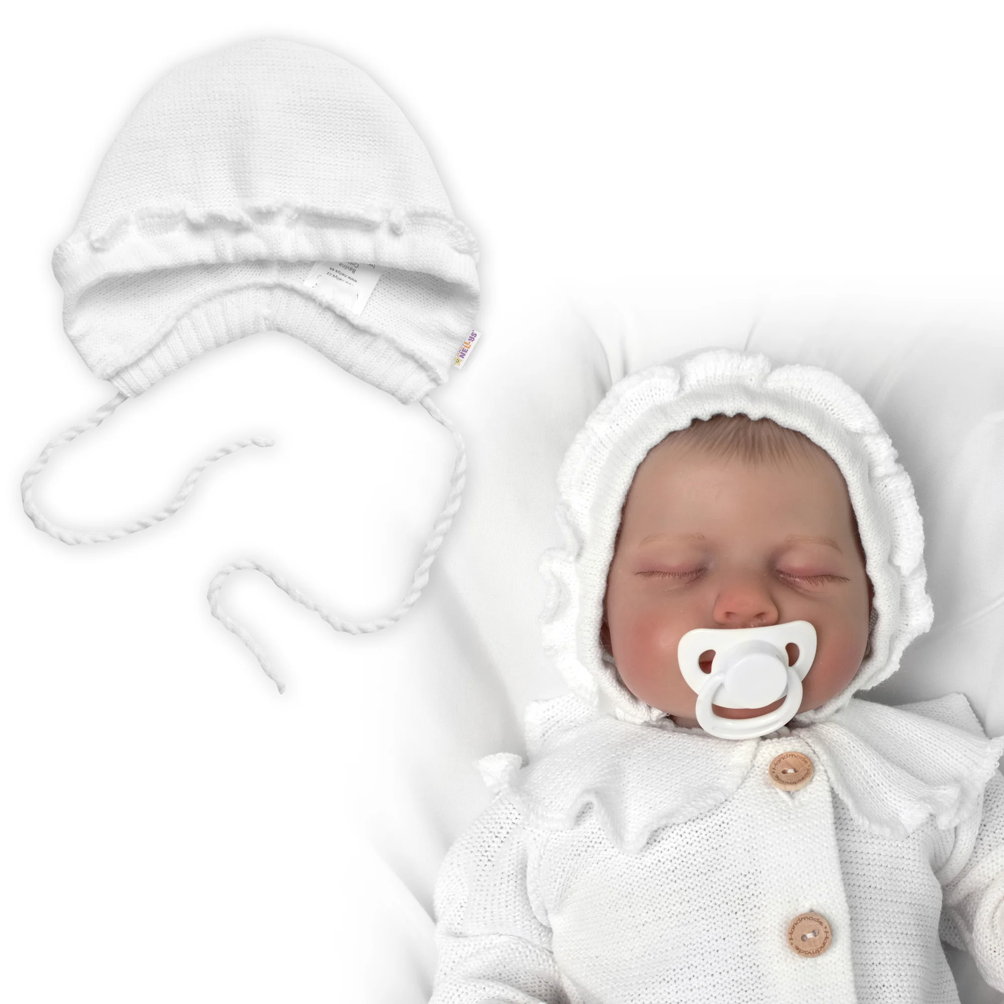 Pletená čiapočka na zaväzovanie bonetka Girl, Hand Made Baby Nellys, biela, veľ. 68/74