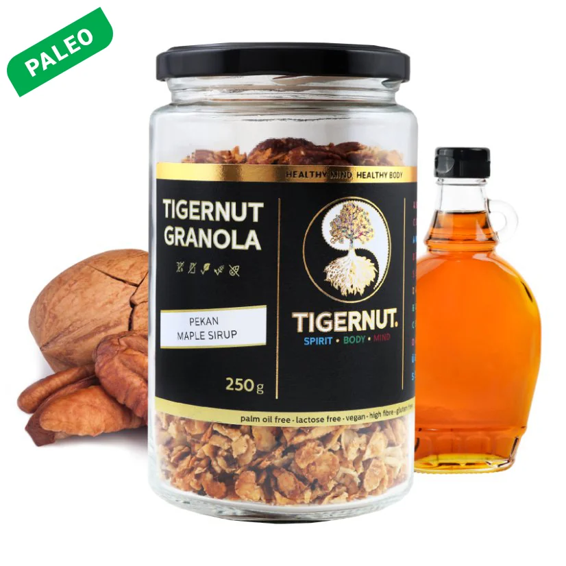 Granola z lupienkov lúpaného tigrieho orecha s pekanovými orechmi