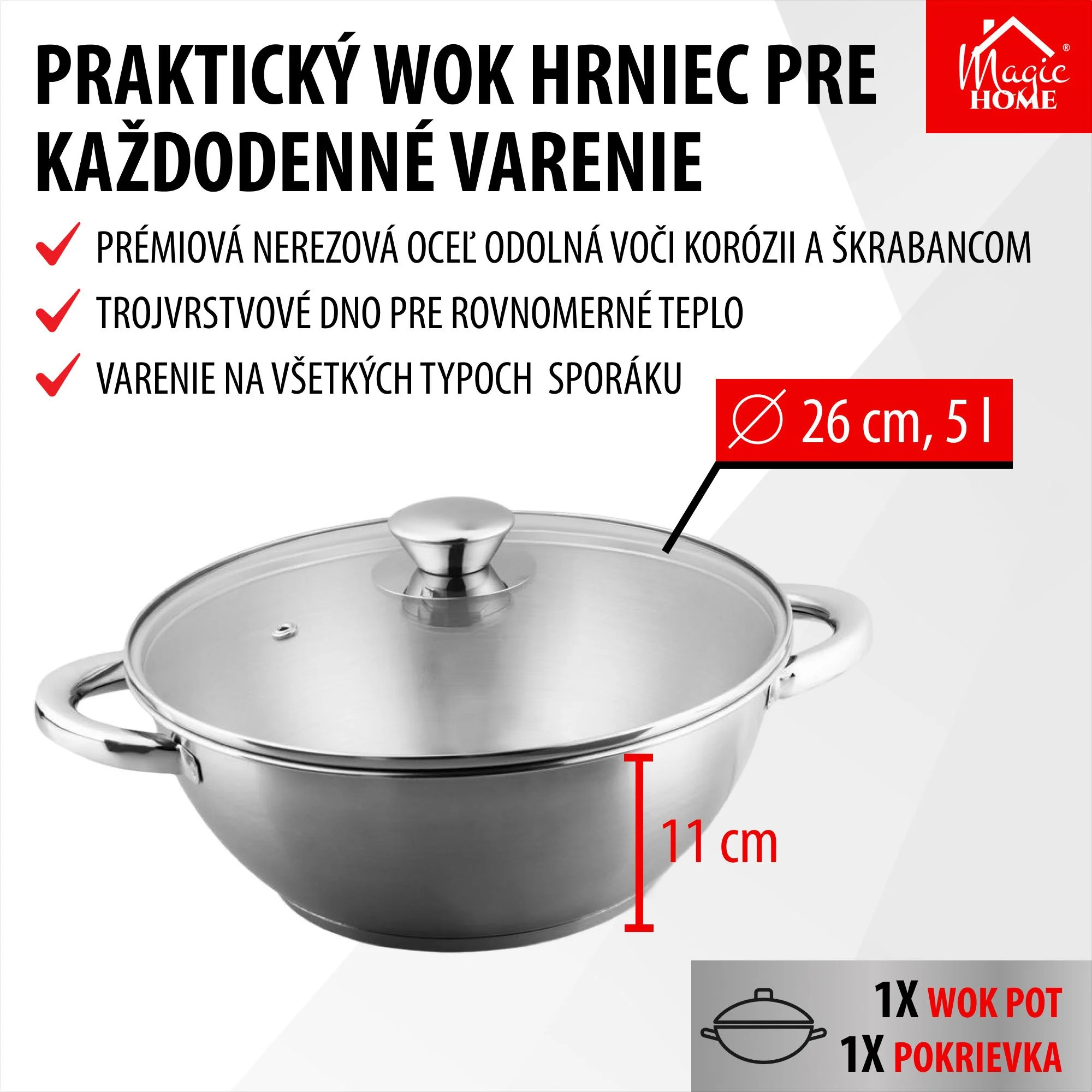 MagicHome hrniec Wok Chloe, 1 ks 26 cm, 5 l, so sklenenou pokrievkou, nerez