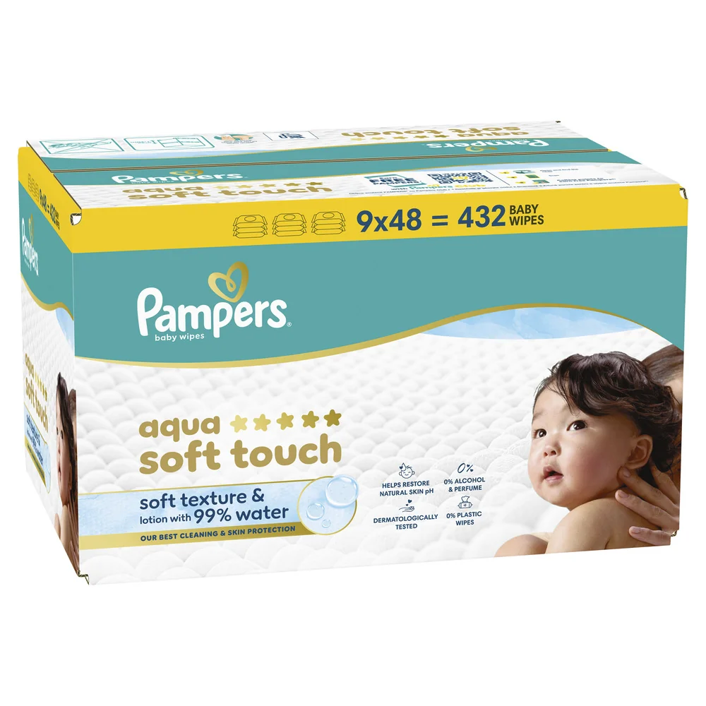 Pampers Aqua Soft Touch Baby detské čistiace obrúsky 9 x 48 ks