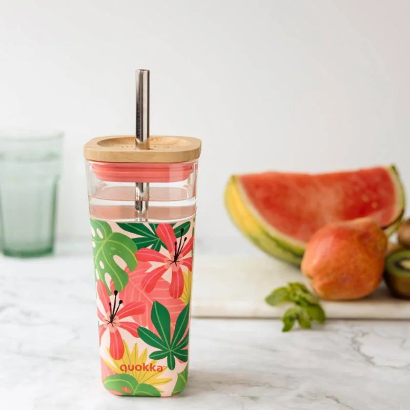 Quokka Liquid Cube pohár so slamkou 540 ml, pink jungle flora