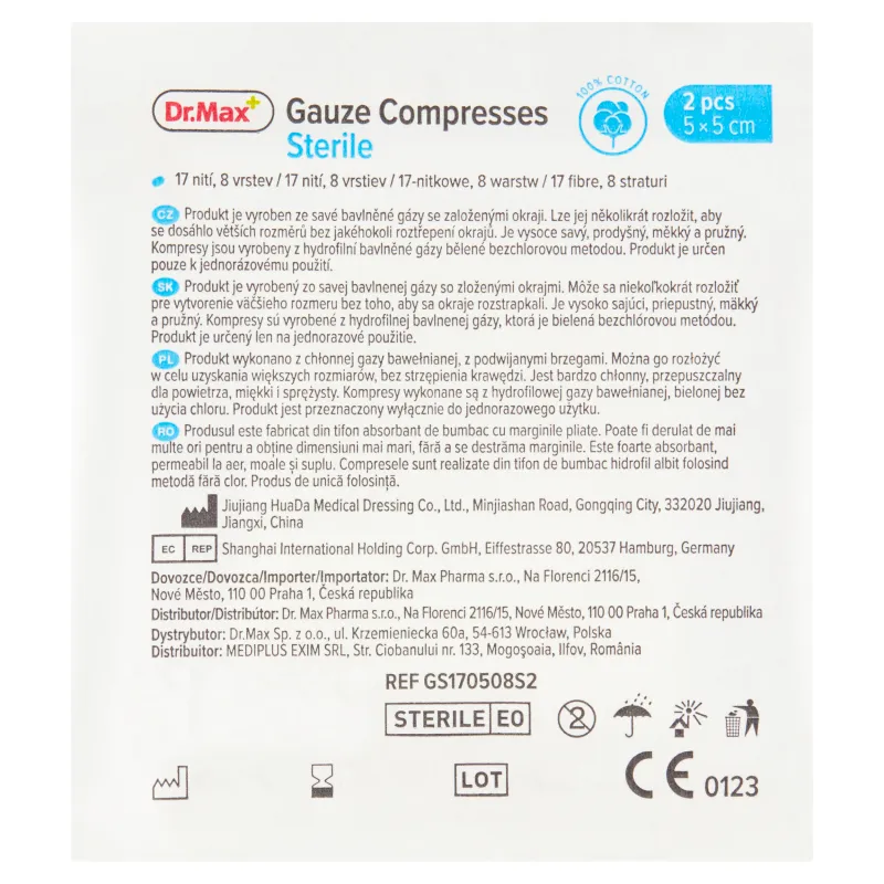 Dr.Max Gauze Compresses Sterile 2×1 ks, sterilné gázové kompresy 5 × 5 cm