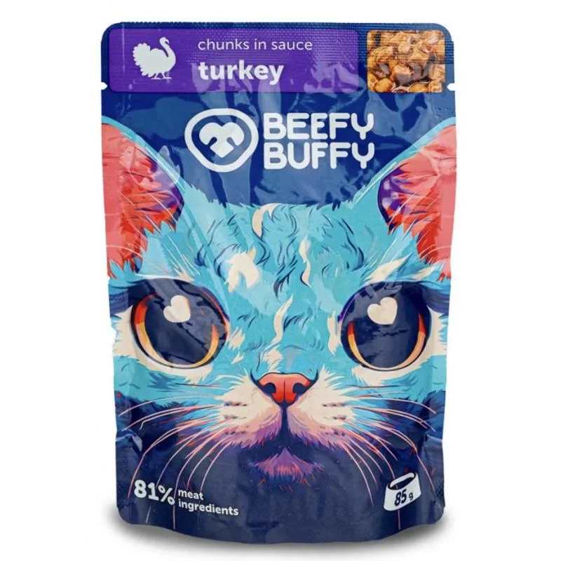 BEEFY BUFFY kapsičky pre mačky mäsové morčacie kúsky v omáčke 24x85g