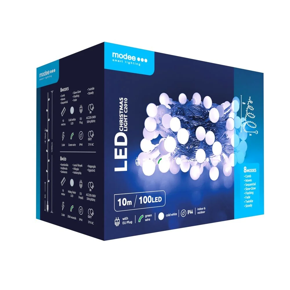 Modee Lighting LED vianočná reťaz 100 LED 10m studená biela bobule