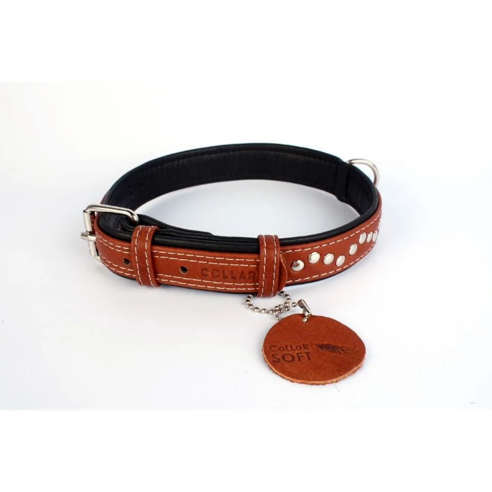 Plochý kožený obojok Soft hnedo čierny vybíjaný, Obvod krku: dĺžka: 38 - 49 cm, širka: 25 mm