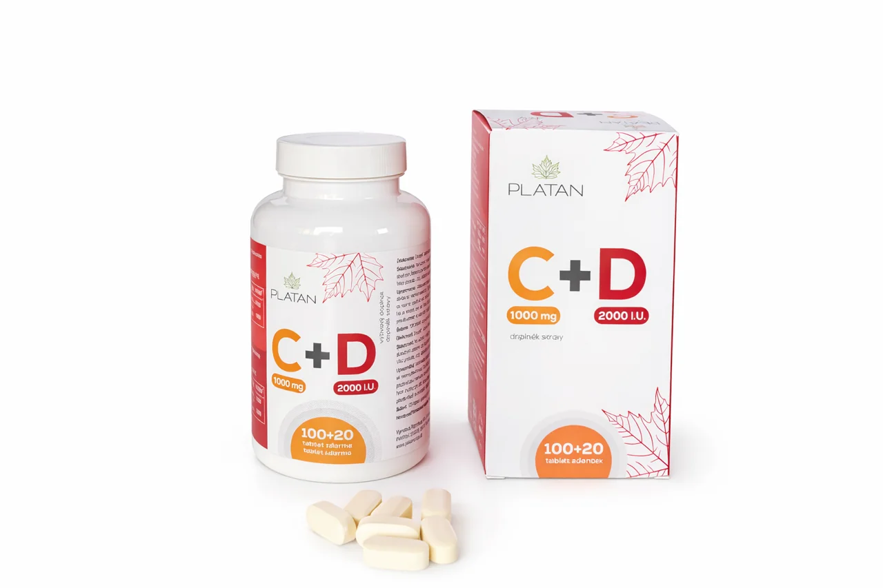 PLATAN Vitamín C+ D 100 + 20 tabliet zdarma Vitamín C 1000mg + D 2000IU, 100 + 20 tabliet zdarma