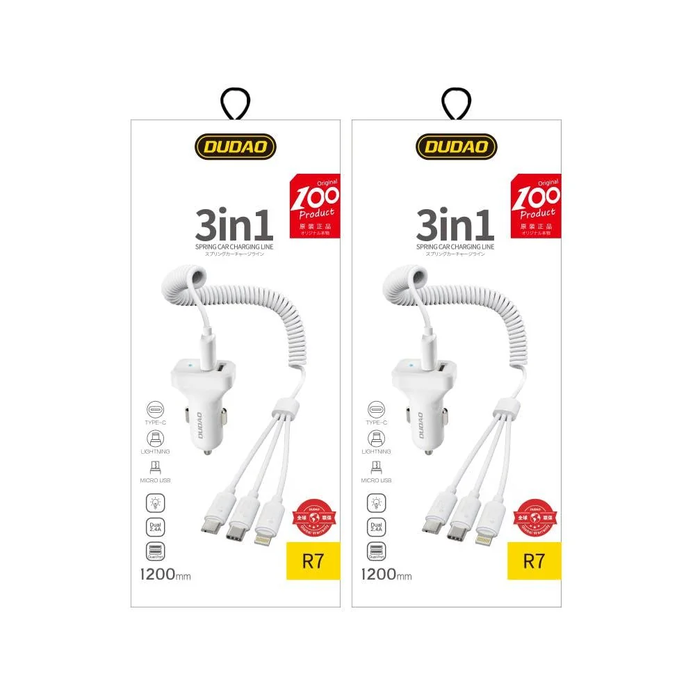 Autonabíjačka do auta 2x USB 2.4A + USB kábel 3v1 biely (R7) - Biela