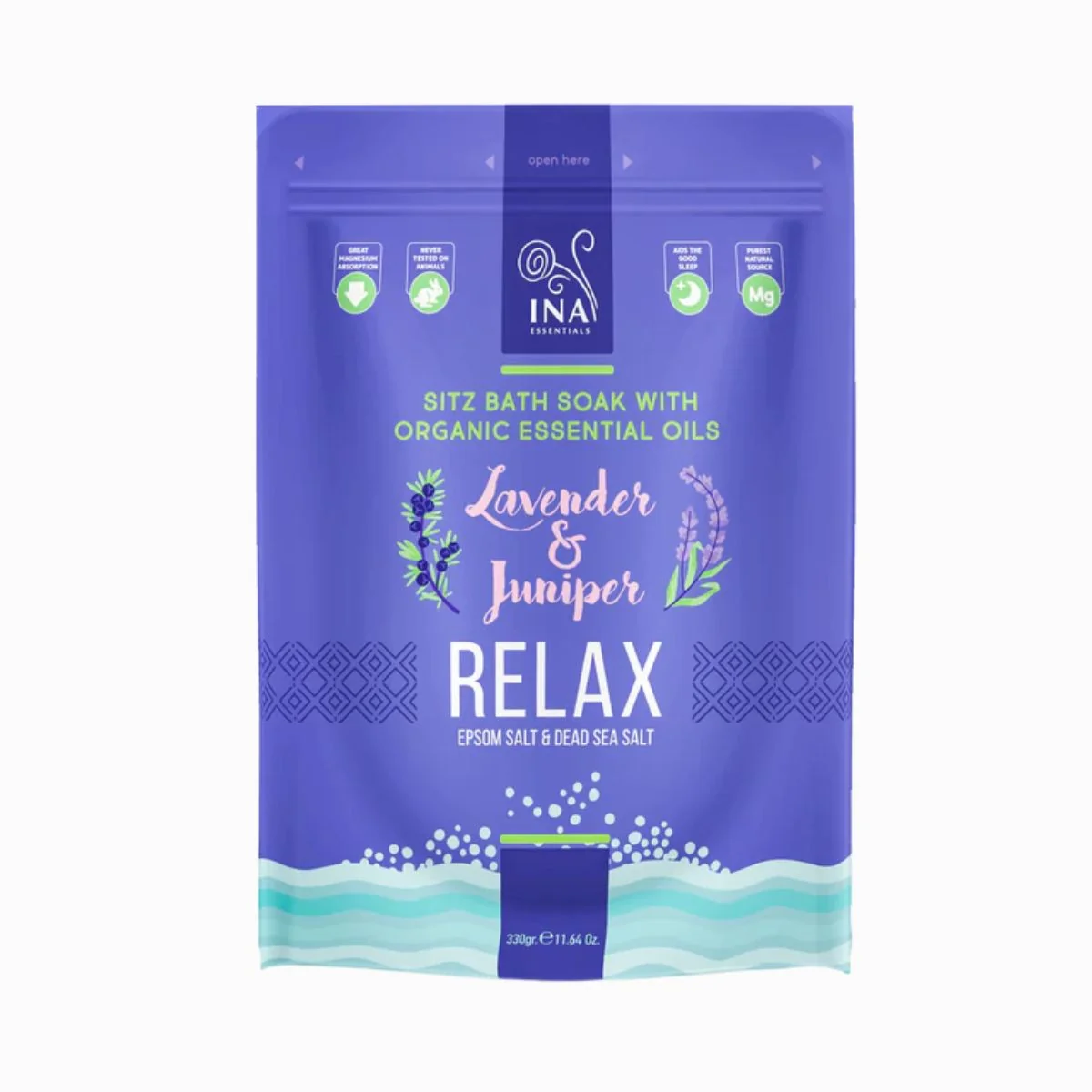 Relax - kúpeľová soľ s levanduľou a borievkou - oddych a odbúranie stresu - 330 g - INA Essentials