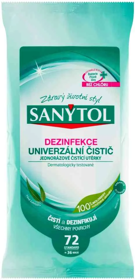 SANYTOL DEZINFEKCIA UNIVERZÁLNY ČISTIČ Utierky 1×36 ks, jednorázové utierky, vôňa eukalyptus
