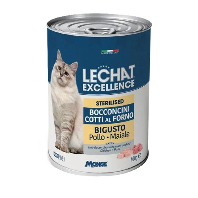 MONGE LECHAT EXCELLENCE pečené kúsky v šťave s kuracím a bravčovým mäsom pre sterilizované mačky 400g