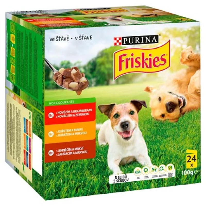 FRISKIES ADULT Multipack 24x100g hovädzie+kura+jahňacie v štave