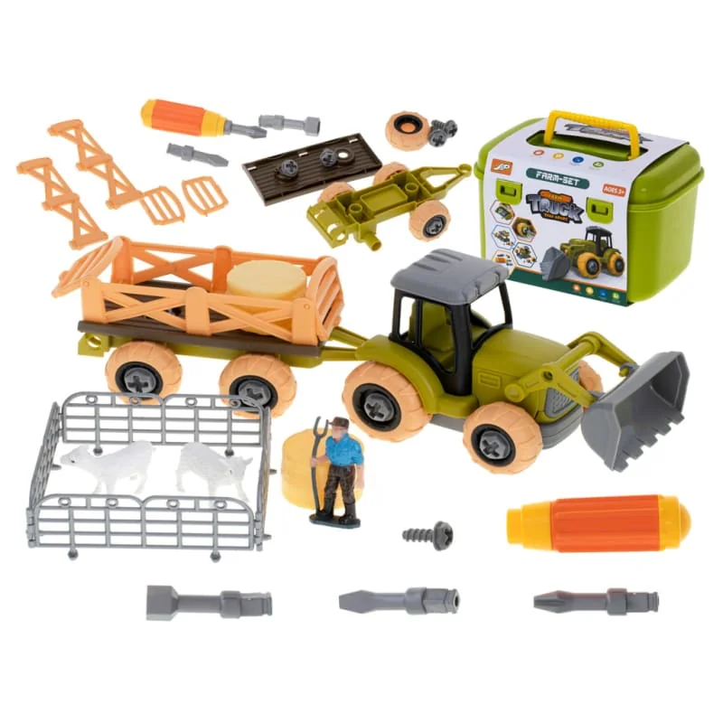Farmársky traktor s prívesom a ohradou – skrutkovací set
