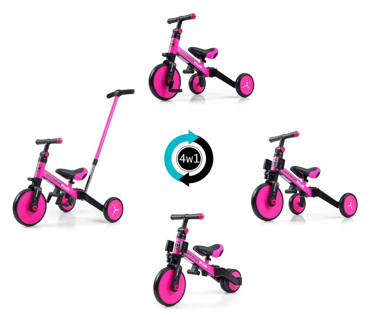 Balančná trojkolka, bicykel, odrážadlo a vodiaca tyč, Optimus Plus 4 v 1, ružová