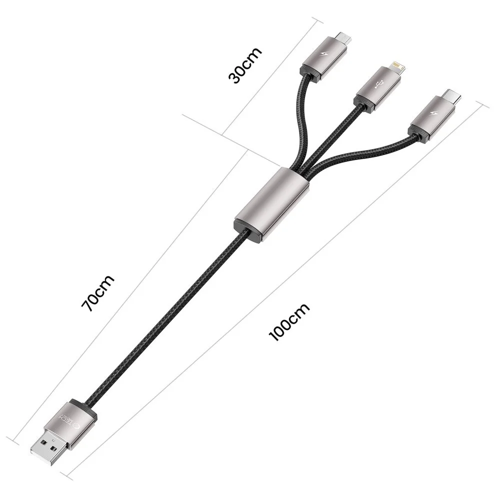 Tech-Protect Ultraboost 3in1 kábel USB - Lightning / USB-C / Micro USB 3.5A 1m, sivý 3.5A 1m, sivý