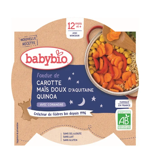 BABYBIO Večerné menu mrkva a sladká kukurica s quinoa (230 g) 1×230 g, zeleninový príkrm