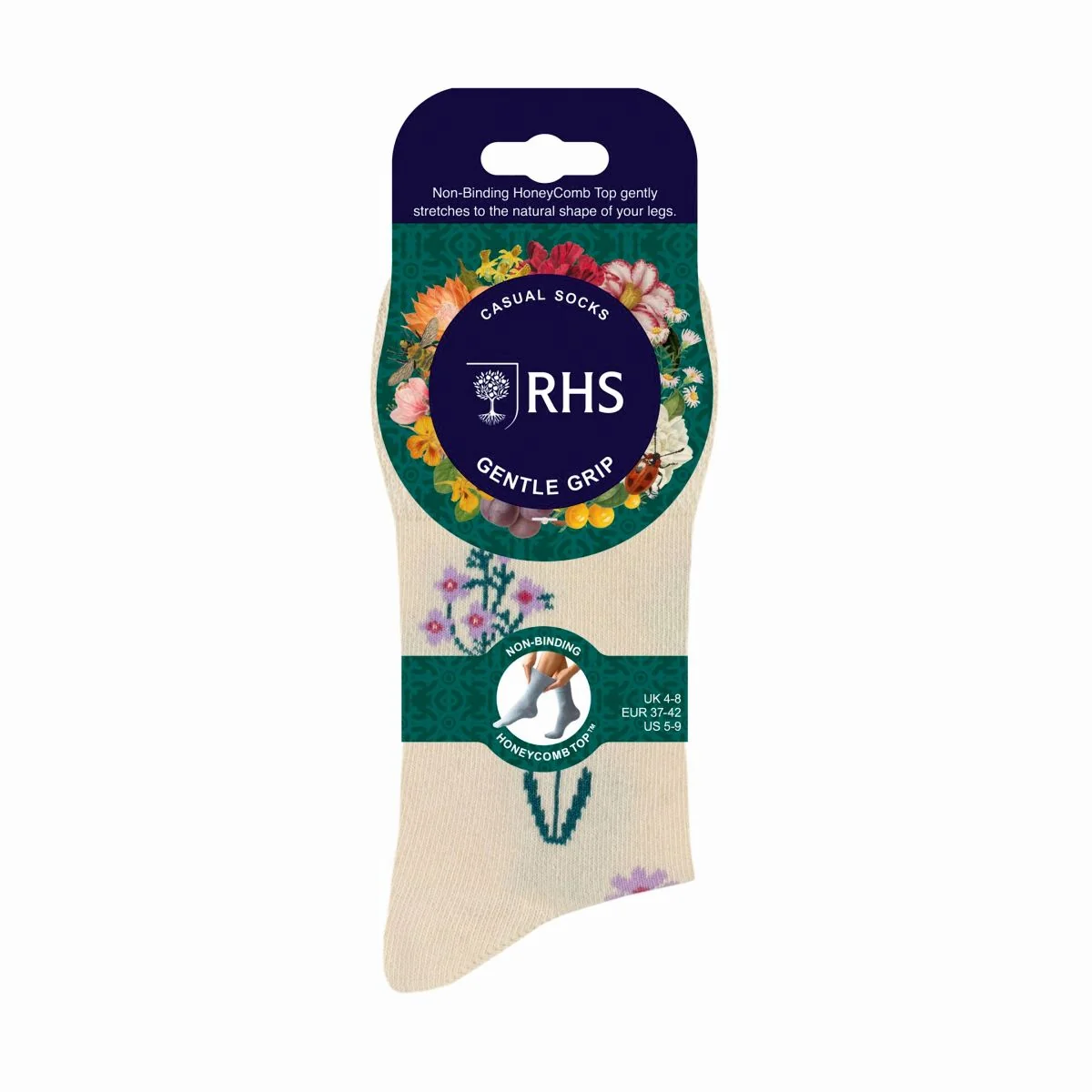 Dámske 3 páry bavlnené ponožky RHS Gentle Grip DIVOKÉ KVIETKY 
