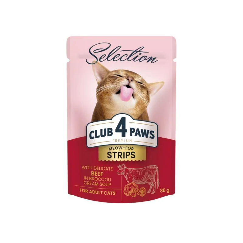 CLUB 4 PAWS Premium Plus pre mačky  prúžky s hovädzím mäsom v brokolicovej polievke 85g (8100)