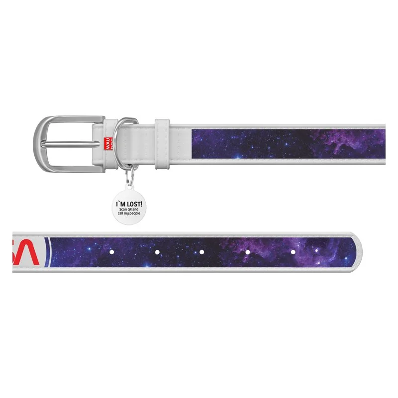 Kožený obojok so vzorom NASA 21 biely, Obvod krku: 30-39 cm, širka: 20 mm