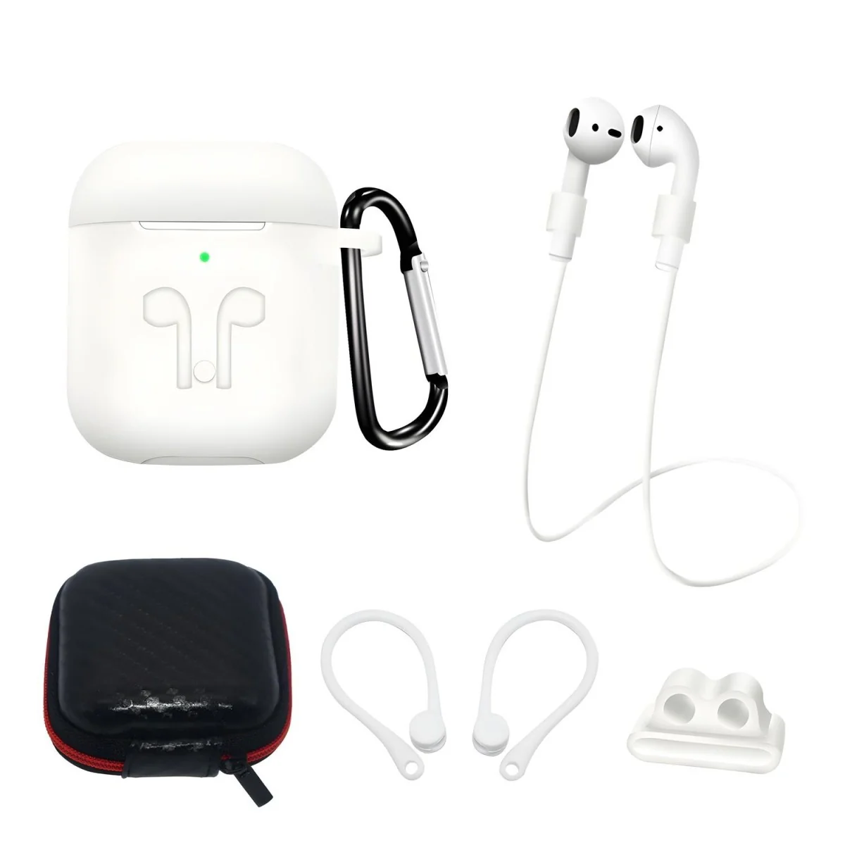 Kompletná sada silikónového puzdra pre AirPods 2 / AirPods 1 S karabínou, puzdrom, remienkom na krk