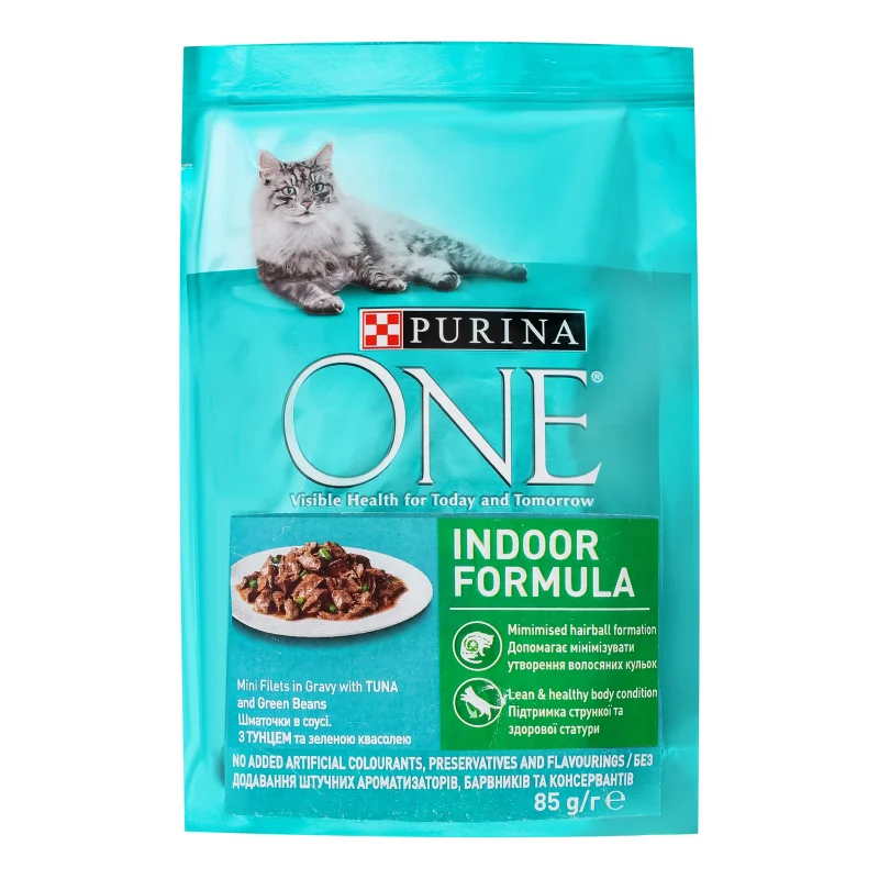 PURINA ONE Indoor mini filetky s tuniakom a zelenými fazuľkami v šťave 85g 1×85 g, pre mačky