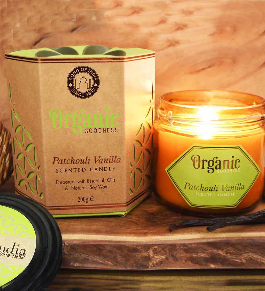 Organická vonná sviečka s viečkom v skle Patchouli Vanilla, 200 g