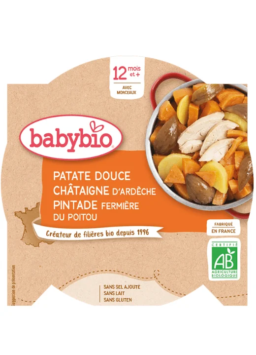 BABYBIO Sladké zemiaky s gaštanovým pyré a farmárskou perličkou (230 g) - mäsovo-zeleninový príkrm 1×230 g, mäsozeleninový príkrm