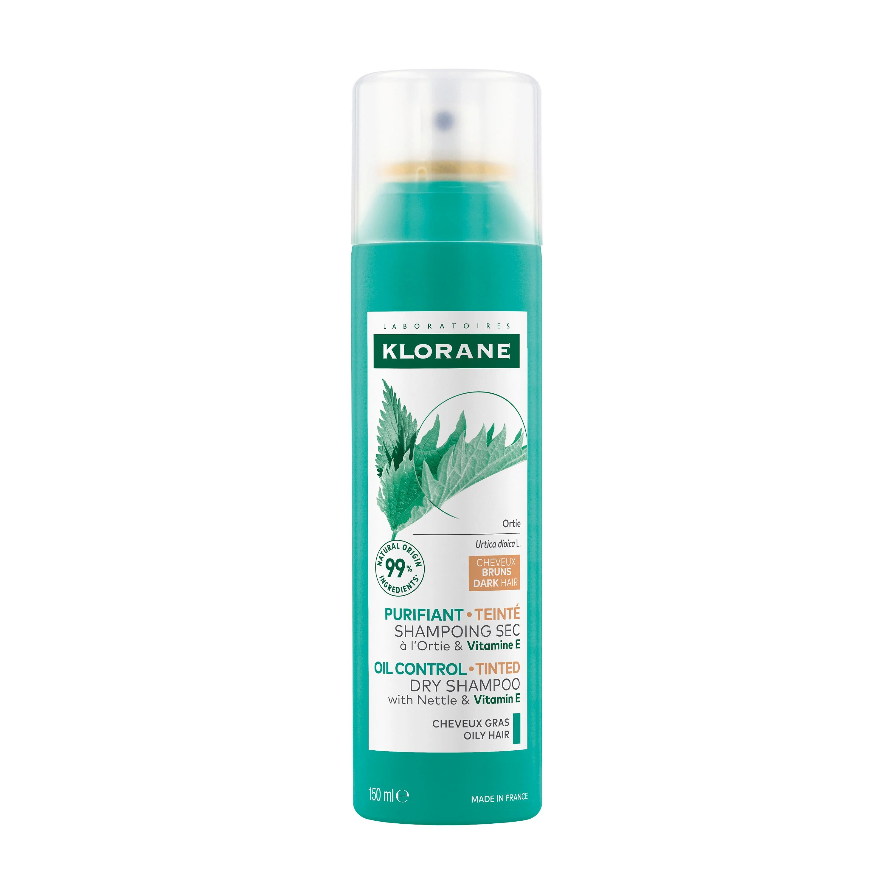 KLORANE SUCHÝ ŠAMPÓN so žihľavou & vitamínom E na mastné tmavé vlasy 1×150 ml, suchý šampón