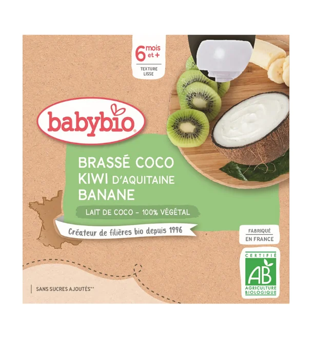 BABYBIO Desiata s kokosovým mliekom - kiwi a banán (4x 85 g) 4×85 g, ovocný príkrm