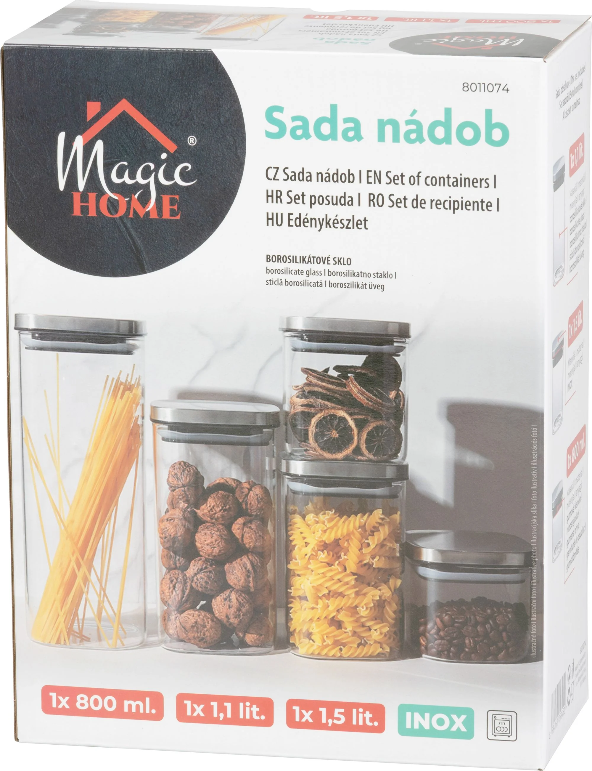 MagicHome sada sklenených nádob, 3 ks 800/1100/1500 ml, s nerezovým uzáverom