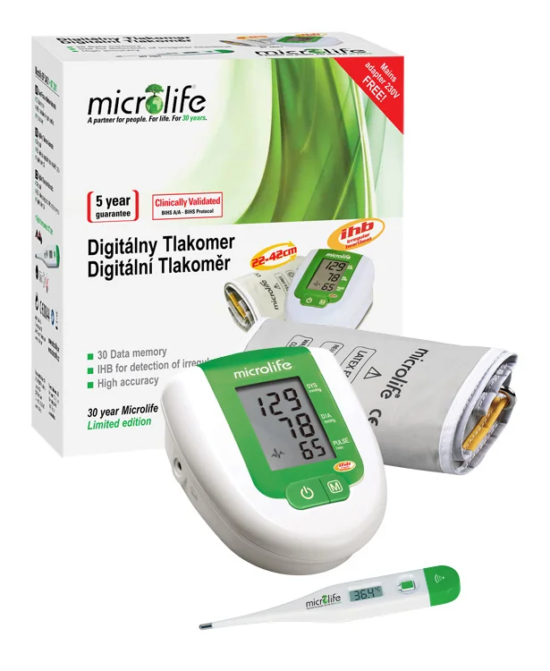 MICROLIFE TLAKOMER DIGITÁLNY BP 3AG1 1×1 set, automatický s adaptérom na rameno 1 ks + digitálny teplomer MT 3001 zadarmo