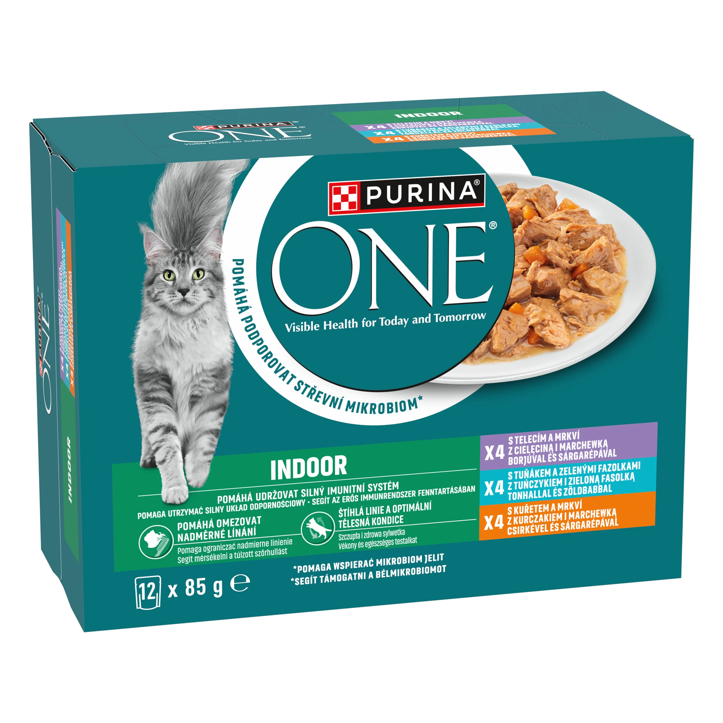 Purina ONE Indoor kapsičky pre mačky kura, tuniak, teľacie v šťave 12×85 g 12×85 g, kompletné krmivo pre dospelé mačky žijúce v byte