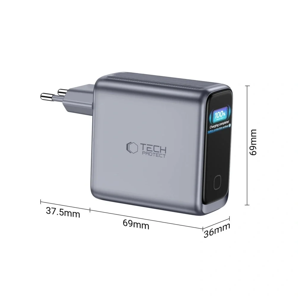 Tech-Protect Power Vision GaN sieťová nabíjačka USB / 3x USB-C QC PD 140W , šedá