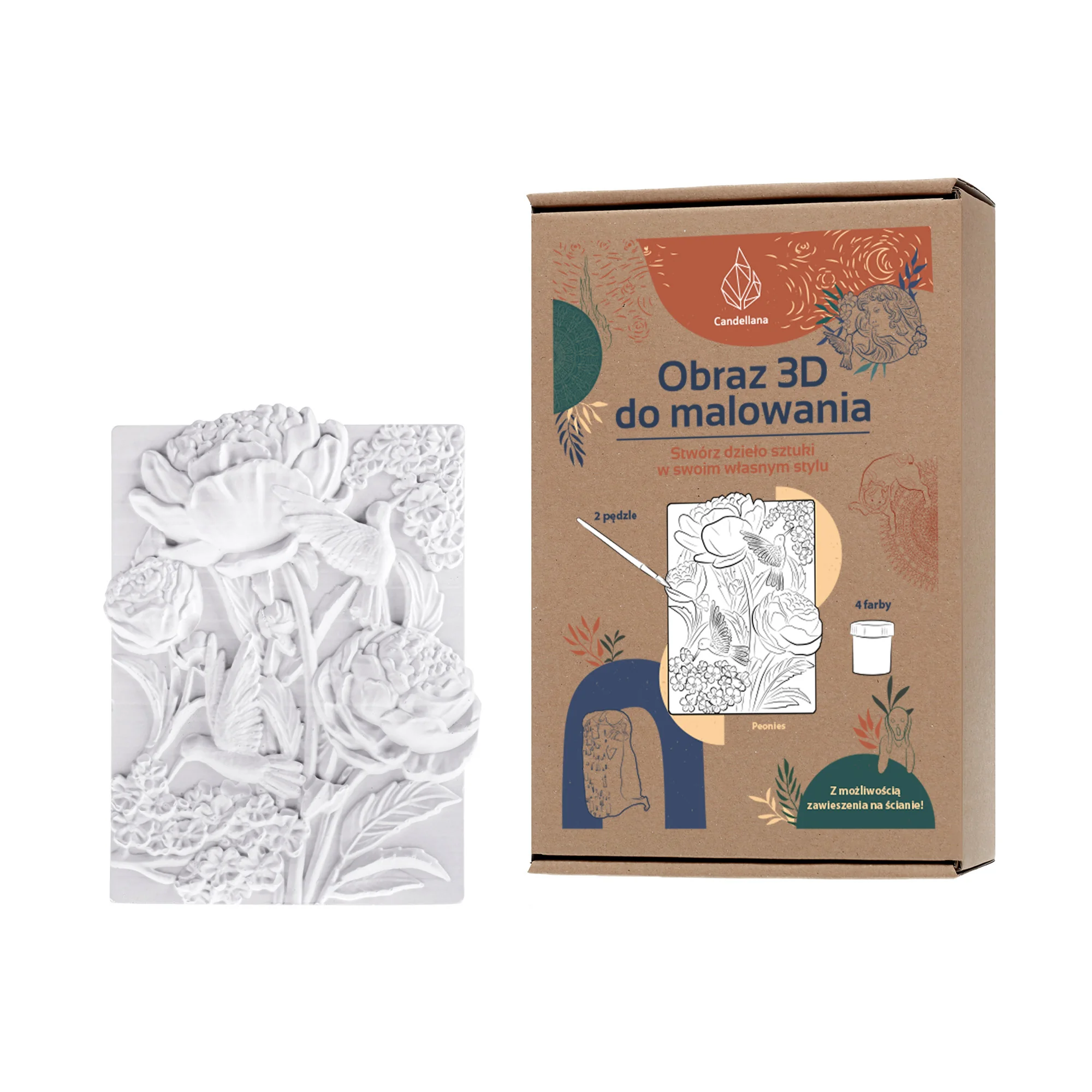 3D omaľovánka z sadry – kvety pivónie, farby a štetce