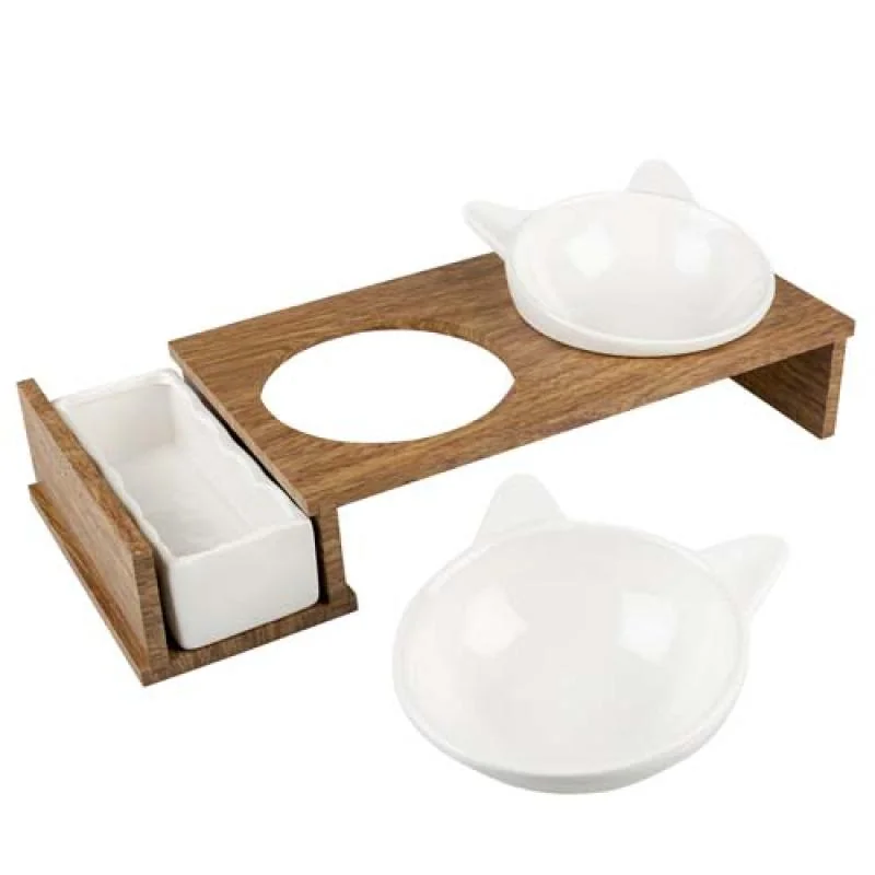 DUVO+ Sada keramických misiek pre mačky na drevenom stojane 250ml+350ml/41,5x18,5x11cm