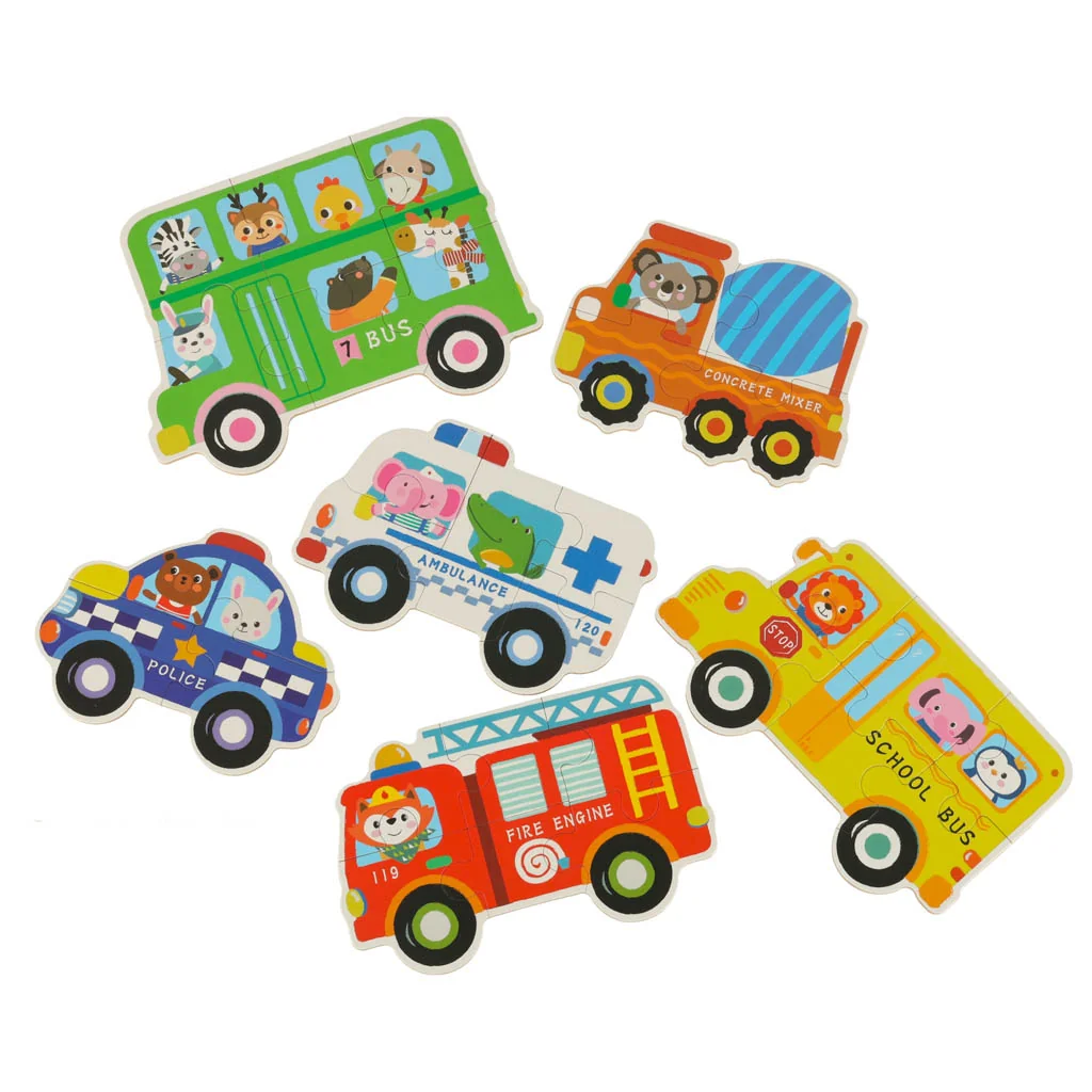 Puzzle pre deti v plechovej krabičke, 30 dielikov, vozidlá