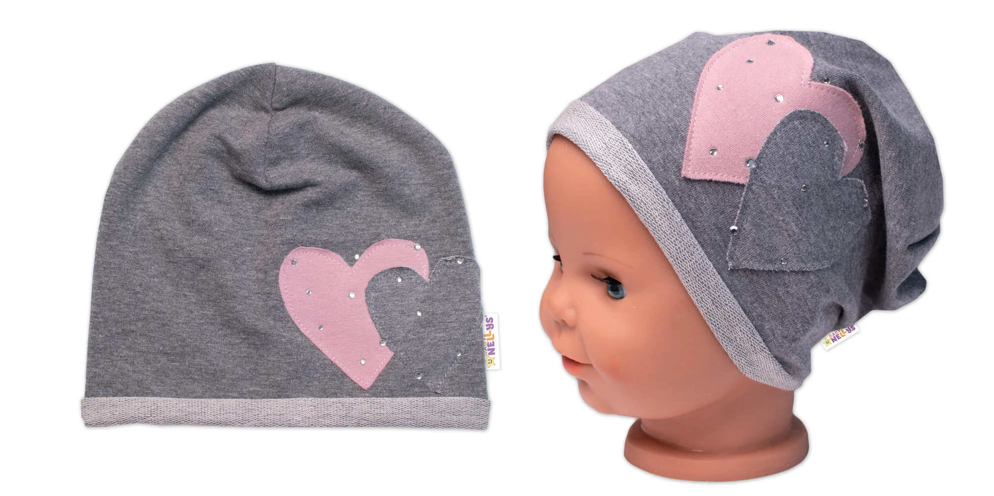 Detská čiapka bavlna, Srdiečka s kamienkami, Baby Nellys, sivá, veľ. 104/134